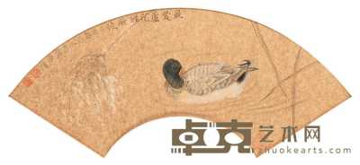 江宏伟 2005年作 荷塘鸭趣 扇面 14×45cm